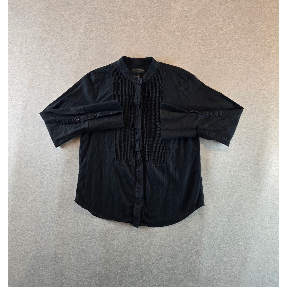 Banana Republic Blouse Womens Medium Black Pintuck Linen Band Collar Tuxedo Top
